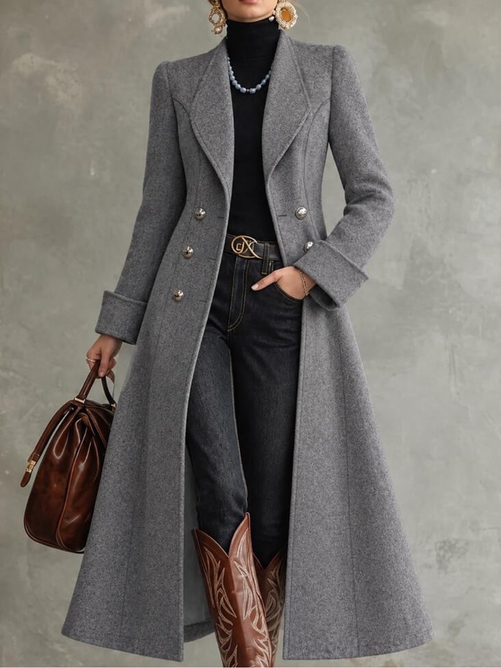 Women's Elegant Gray Floral Lapel Double-Breasted Silhouette Overcoat